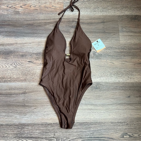 Women's High Shine Plunge Neck Cheeky One Piece Swimsuit Brown Small - Picture 2 of 5